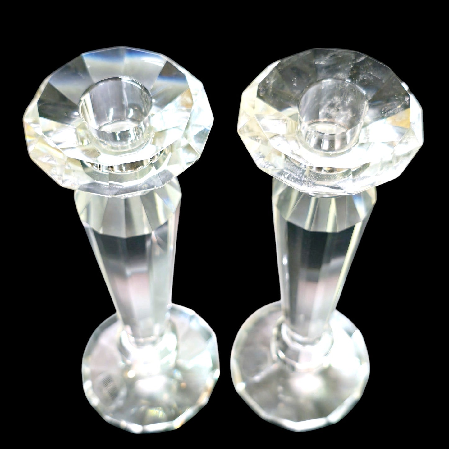 Set of 2 Oleg Cassini Crystal Pillar Candle Holders,  Flaw