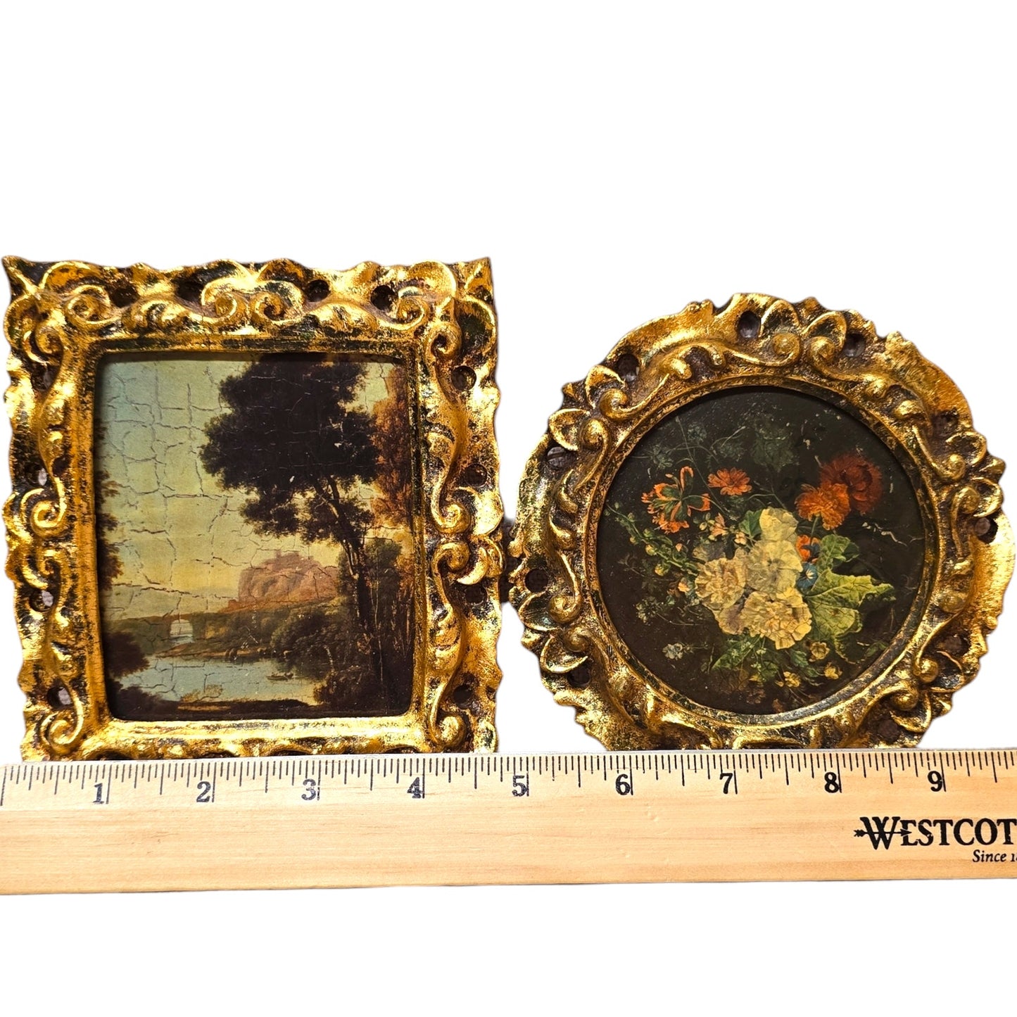 As IS Set of 3 Vtg Italian Ornate Framed Art Repro Gold Frame Boy w/ Dog, Bridge