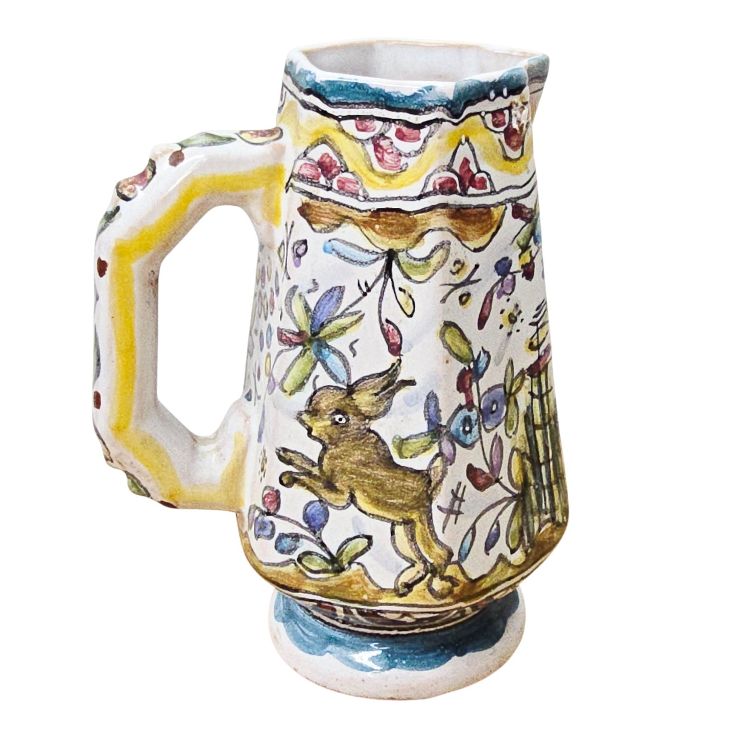 Gerardos Portugal Hand Painted Majolica Creamer Pitcher Deer Rabbit Floral 4.25"
