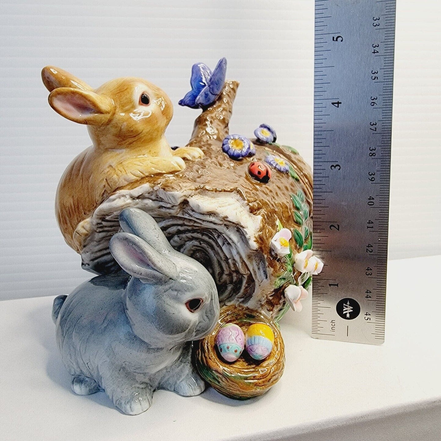 Porcelain Bunny Rabbit Hinged Easter Trinket Box CWC Log Spring Flowers Butterfl