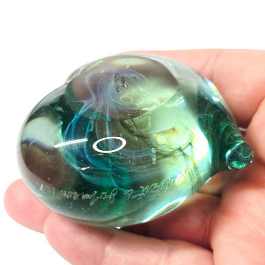 Signed Gilbert C. Johnson 1991 Art Glass Heart Paperweight Blue Green Vortex