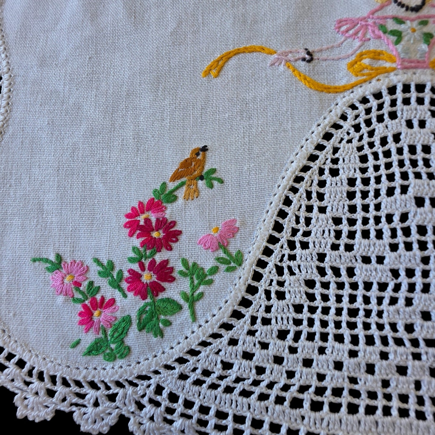 Vintage 3 Pc Crinoline Lady Dresser Scarf Set Linen Crochet Lace Bow Flower Bird