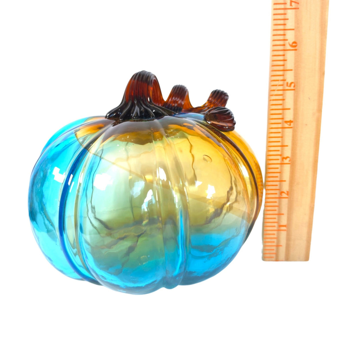 Hand Blown Art Glass Pumpkin Turquoise Blue Amber Brown Curly Stem Fall Decor