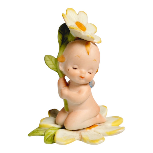 Lefton Bisque Kewpie Baby Holding Daisy Figurine, Lefton Kewpie Doll Figurine Blue Wings