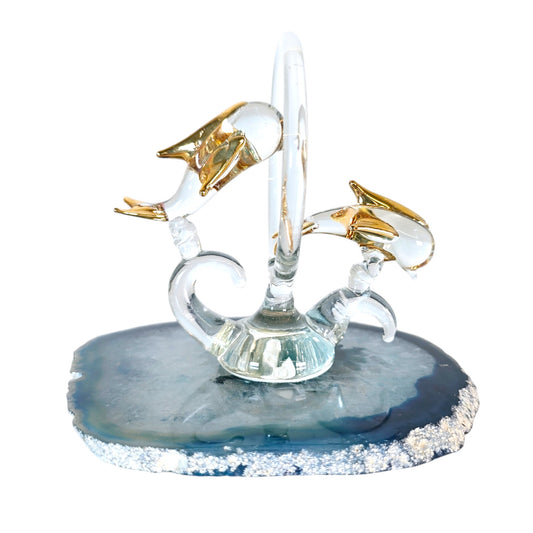 Glass Jumping Dolphins on Blue Agate Slice with Gold Detail, Spoontiques