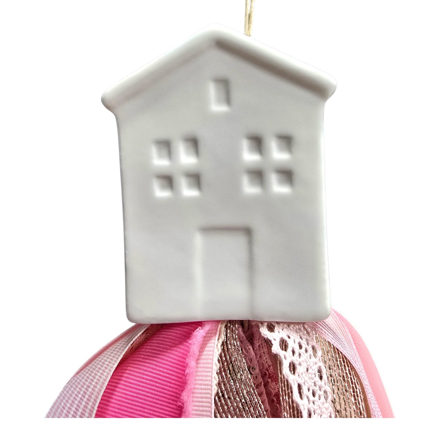 Ceramic House Tassel | Handmade Upcycled Salt Shaker Hanging Ribbon Decor