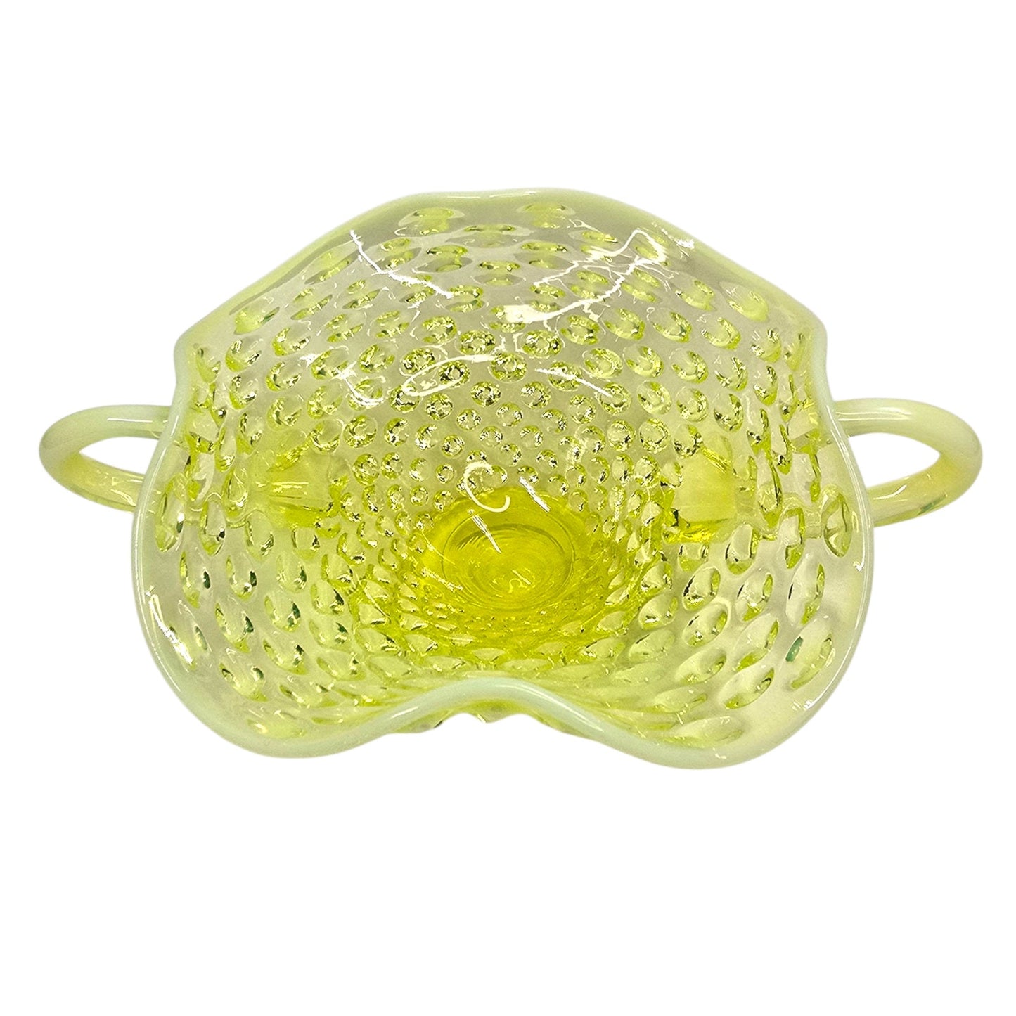 Fenton Vaseline Opalescent Hobnail Bonbon Dish Uranium Glass Double Handle Glows