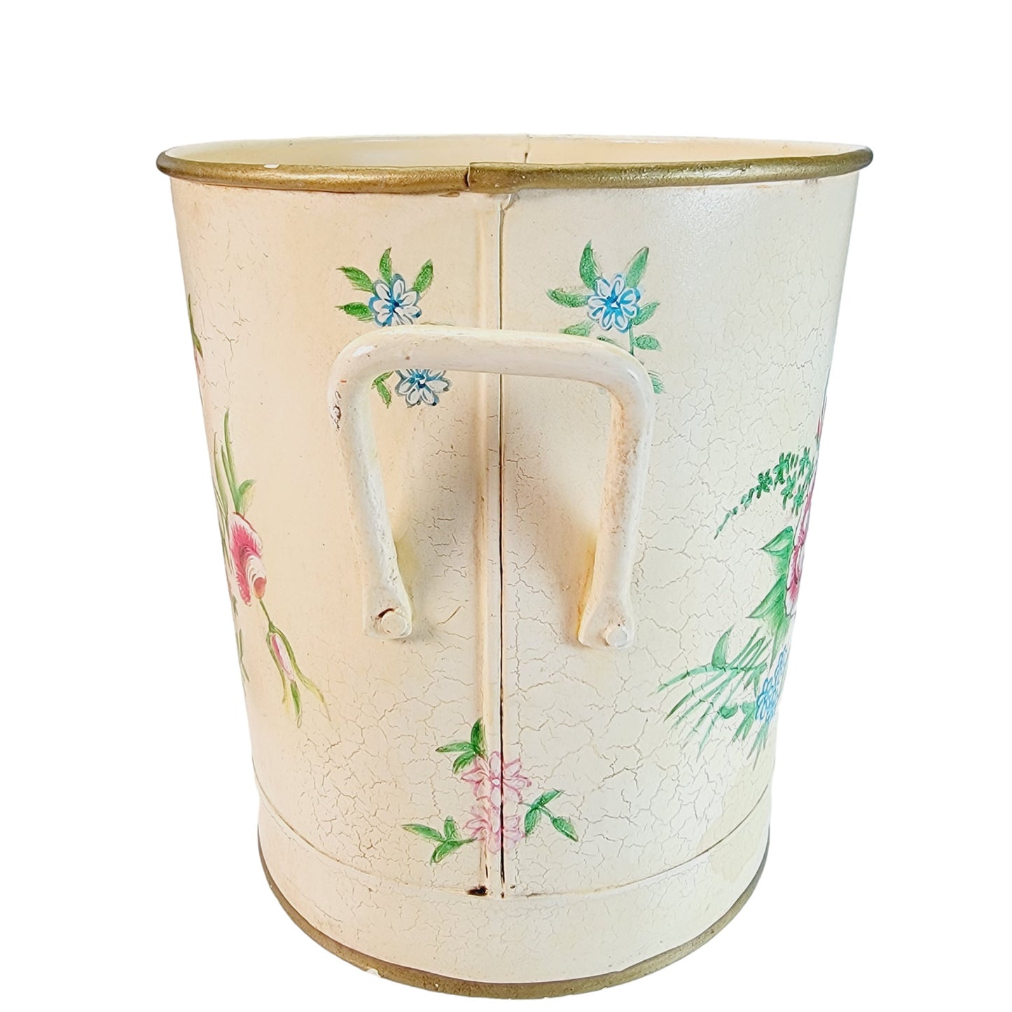 Vintage Anthropologie Floral Metal Waste Basket with Handles 8" H, Yellow with Red and Blue Flowers