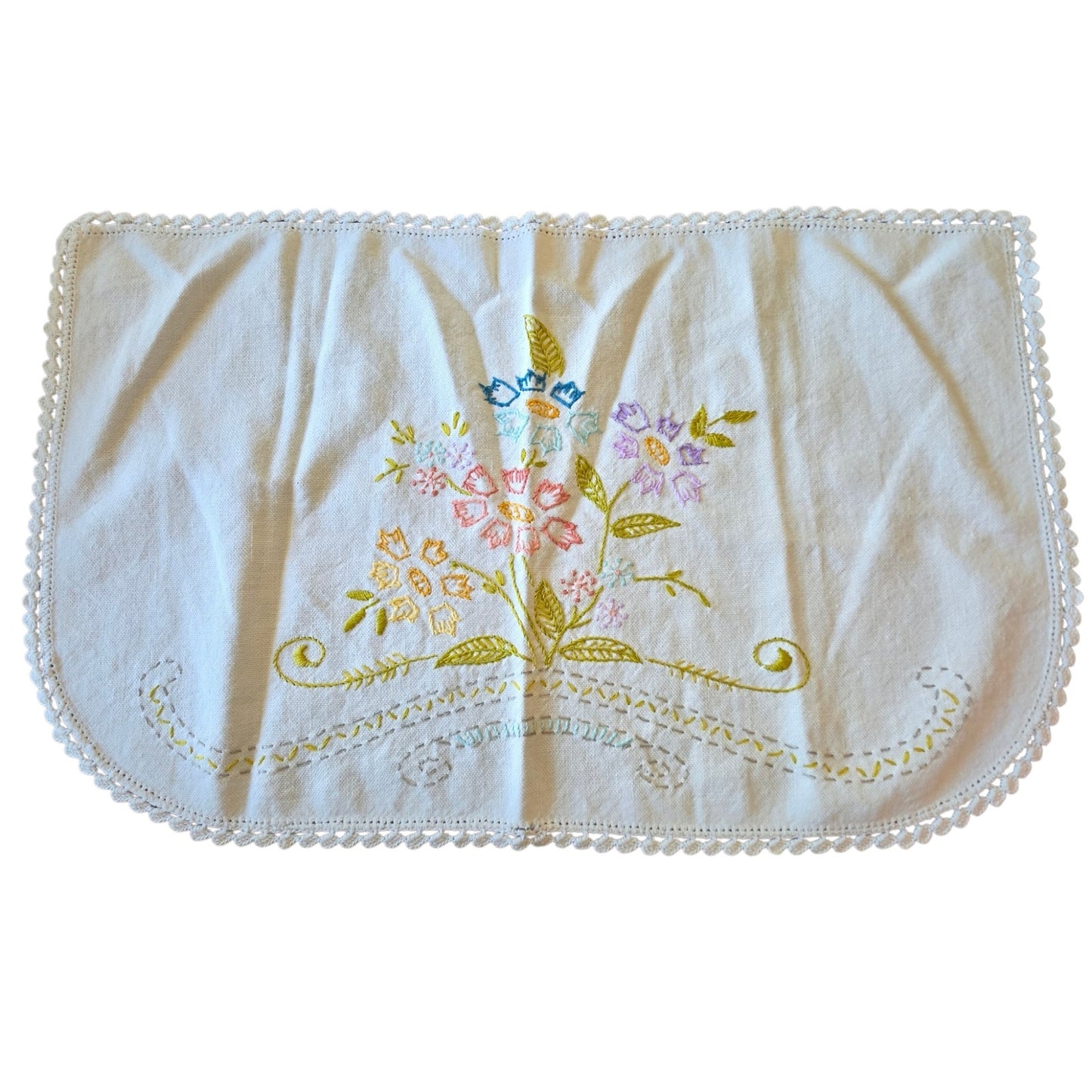 Vintage Embroidered Floral Scalloped Linen Placemat Dresser Scarf 17x10 Oblong