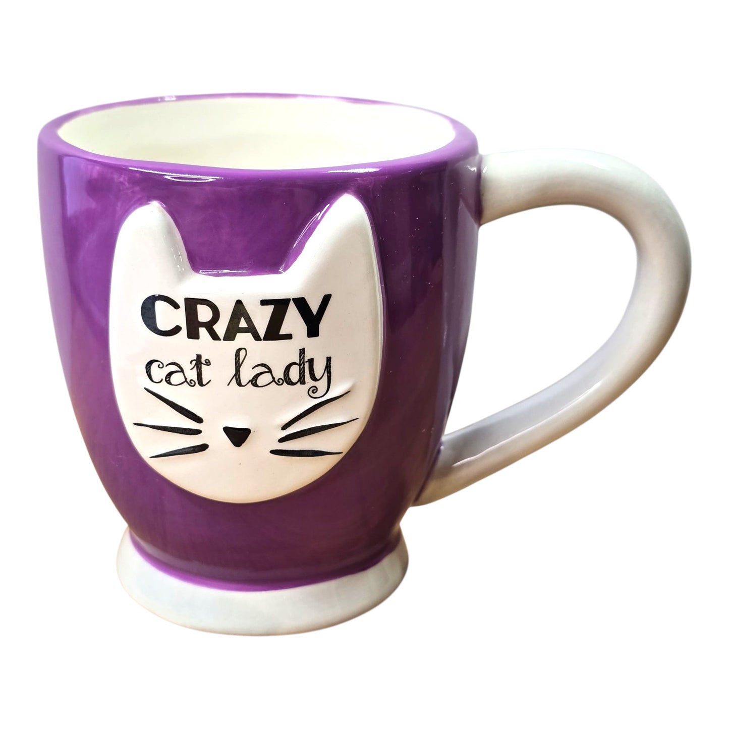 DEI Crazy Cat Lady Coffee Mug Purple Ceramic Novelty Cat Face Cup Collectible