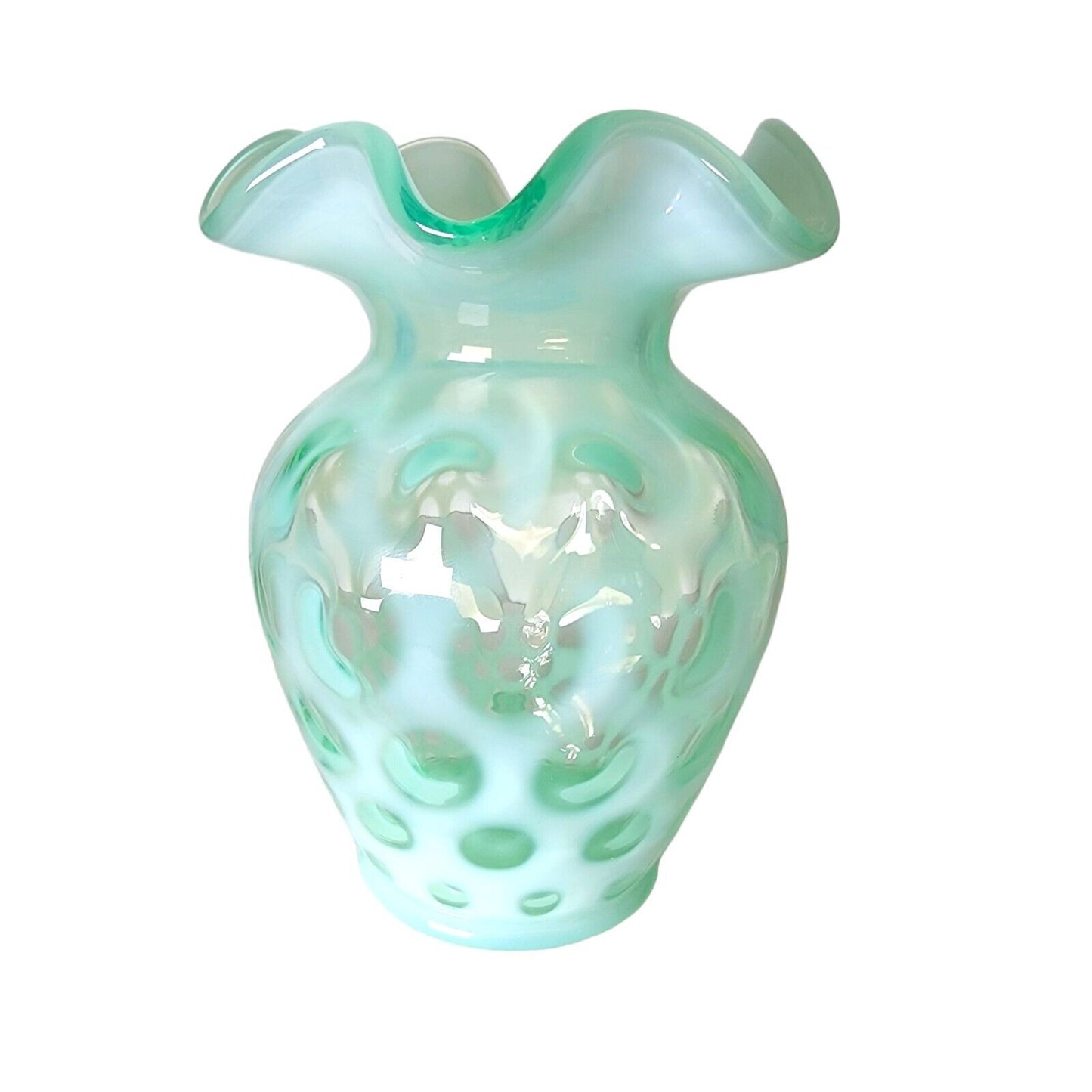 Vintage Fenton Aqua Blue Coin Dot Opalescent Glass Bud Vase Ruffled Crimped Edges 5.5"