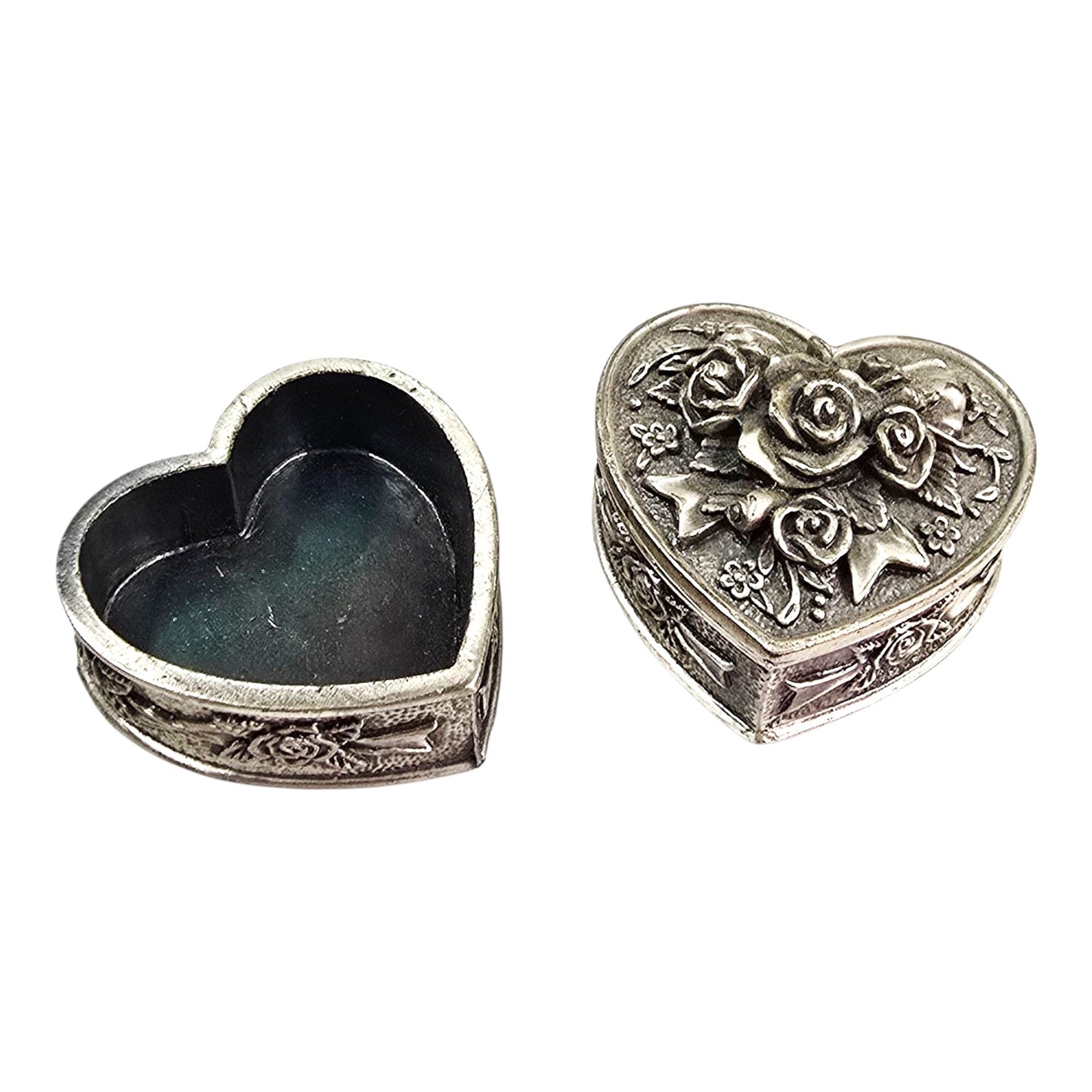 3-Pc Heart Stacked Pewter Trinket Box with Roses and Floral Motif, Signed