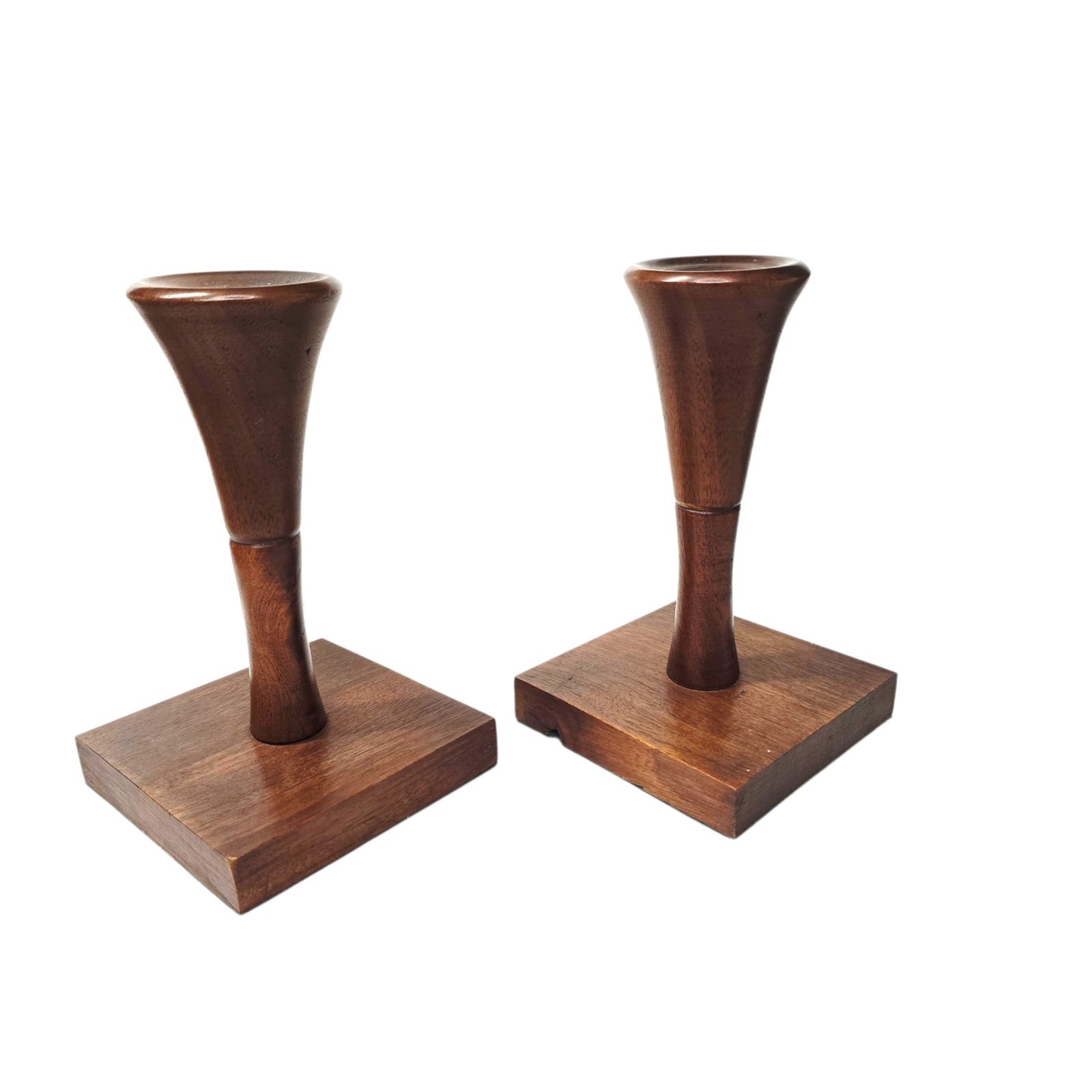 Danish Modern Style Walnut Wood Candlestick Holders - Hand Turned Pedestal Pair