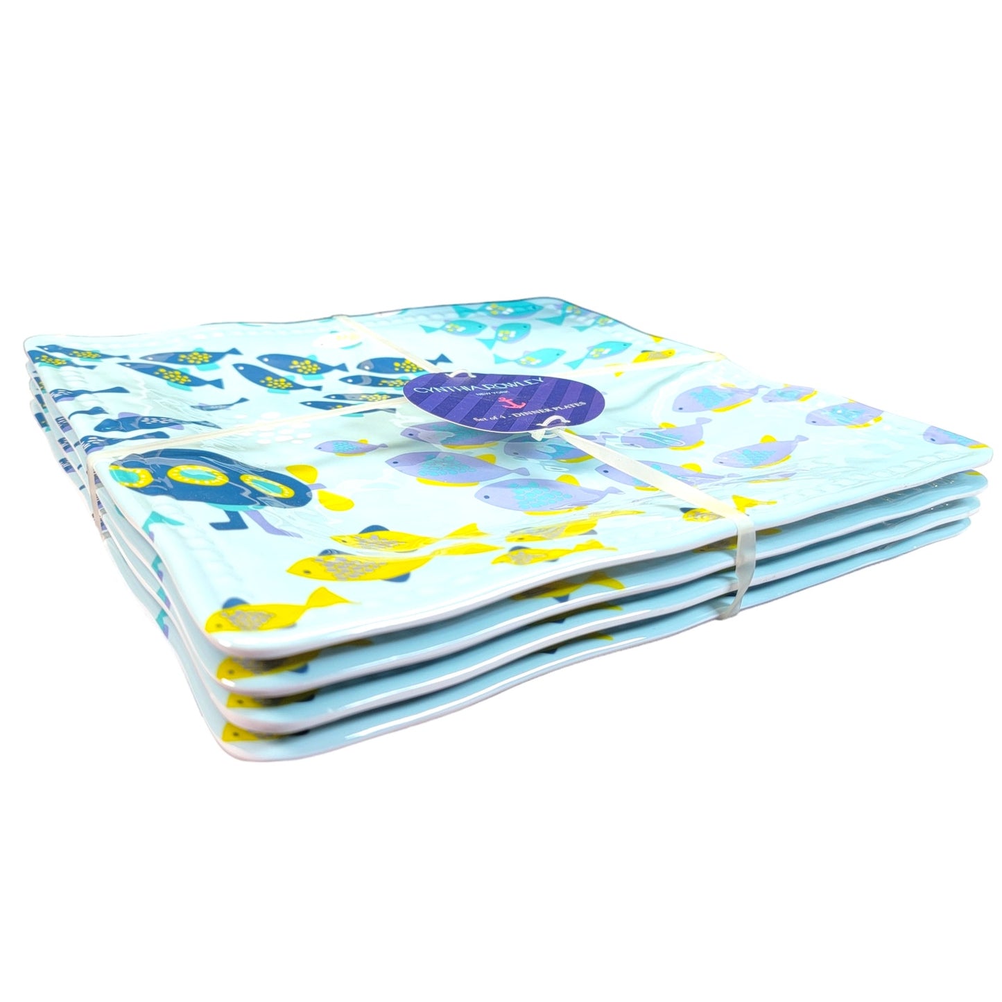 NEW Cynthia Rowley Large 11" Square Melamine Plates Set of 4, Blue Submarine School of Fish