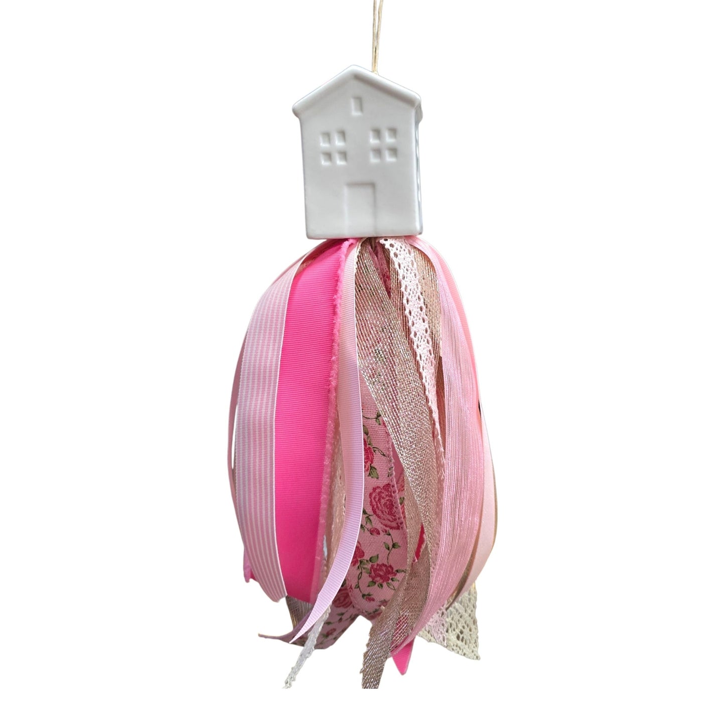 Ceramic House Tassel | Handmade Upcycled Salt Shaker Hanging Ribbon Decor