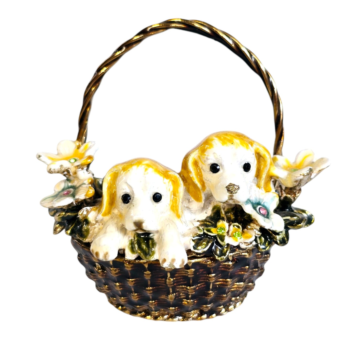 Puppies in a Basket with Flowers Metal Trinket Box