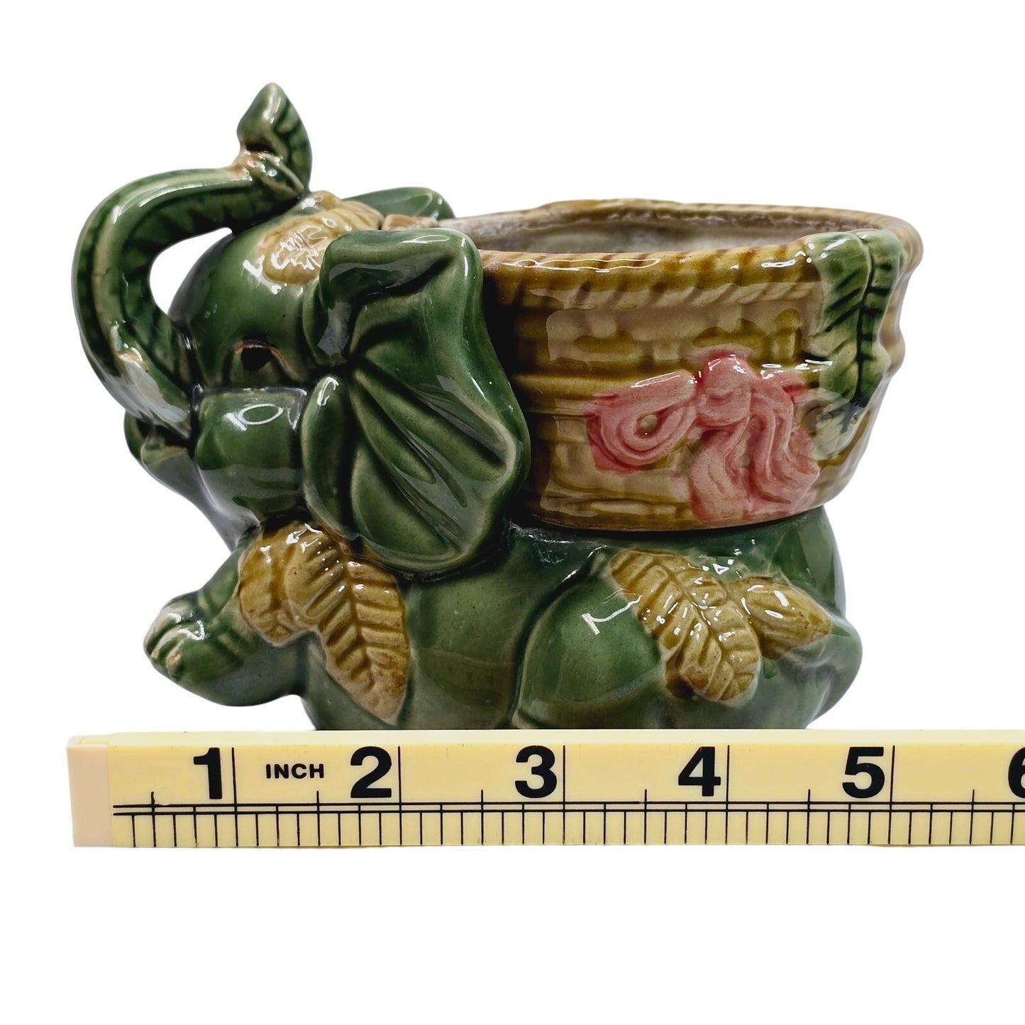 Vintage Majolica Glazed Pottery Lucky Elephant Holding Basket Planter Drip Glaze Trunk Up