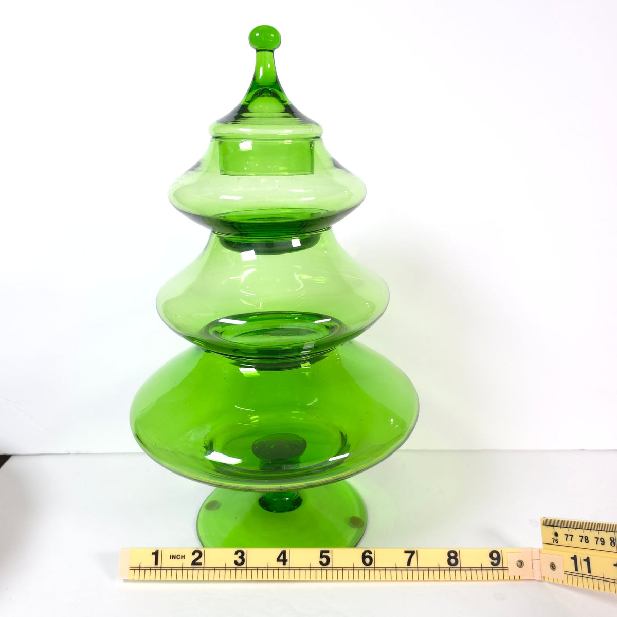 Vtg MCM Empoli Green Glass Christmas Tree Stacking Candy Apothecary Jar 4 Piece