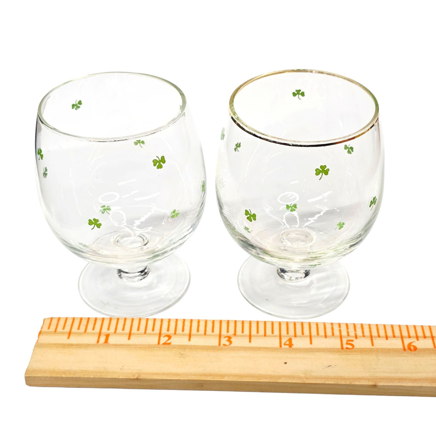 Vintage St. Patrick's Day Shamrock Glasses Gold Rim Clover Stemware Set of 2