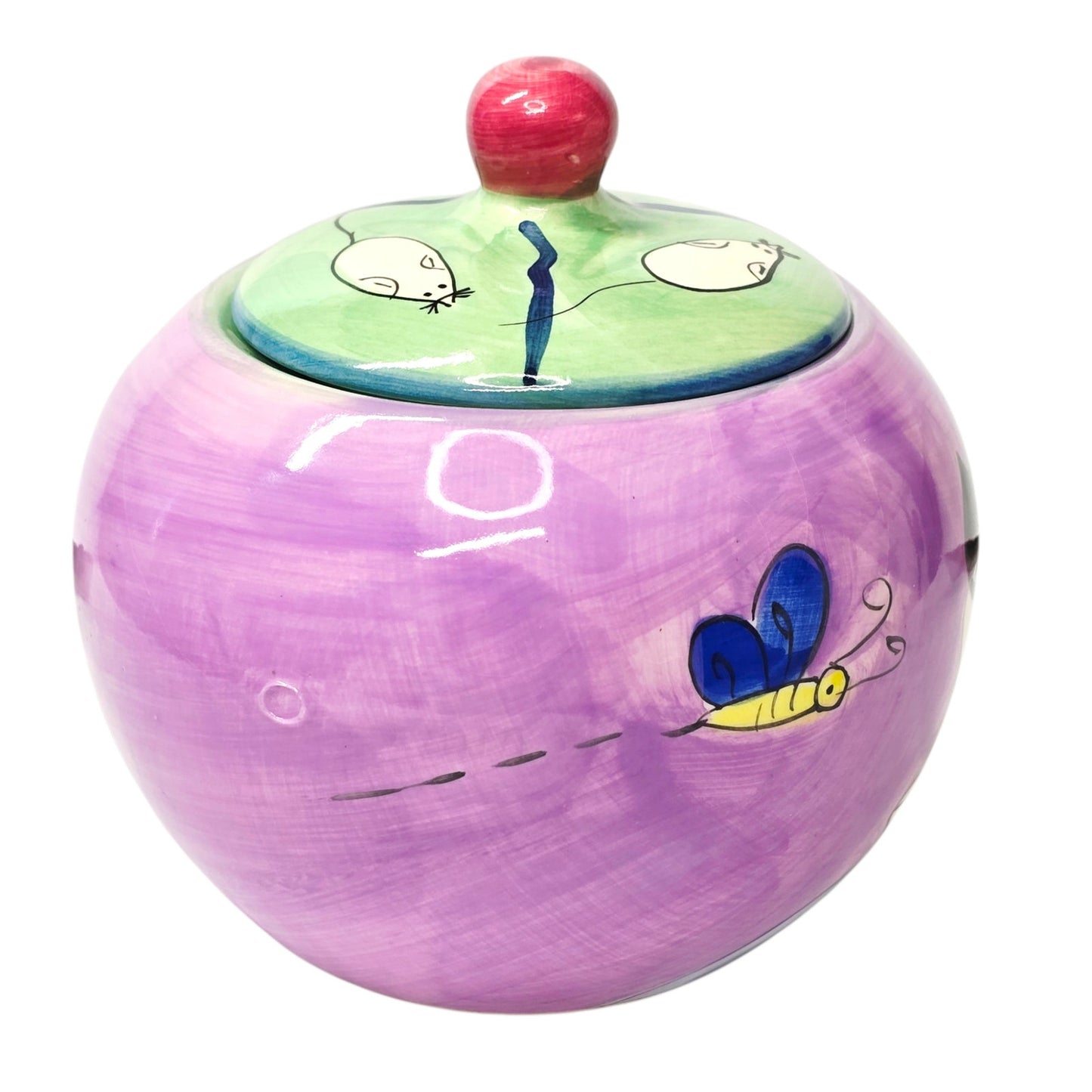 Vintage Kitsch Black Cat and Mouse Ceramic Canister - Purple Floral