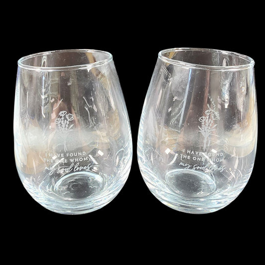 2 Stemless Wine Glasses Etched "I have Found The One Whom My Soul Loves" Wedding