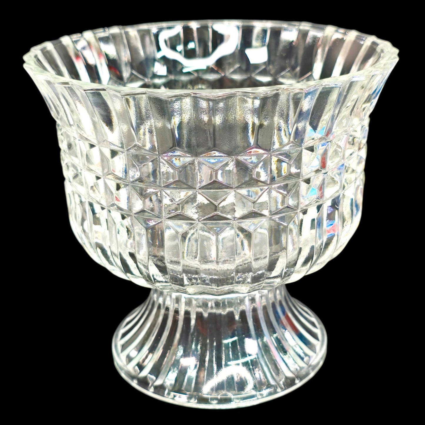 Vintage 1986 Pressed Glass Pedestal Bowl FTDA Diamond Cut & Ribbed Candy Dish