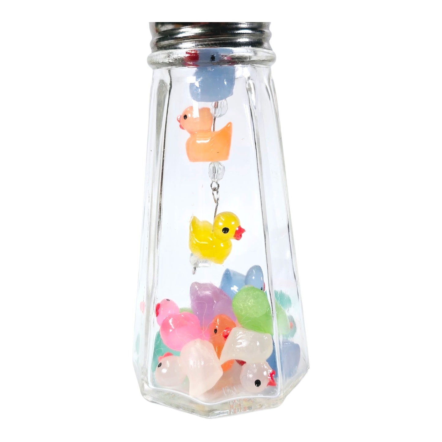 Glowy Ducks Salt Shaker Display Art Piece, Glowy Ducks in Glass Shaker Jar, 6" H with Pins