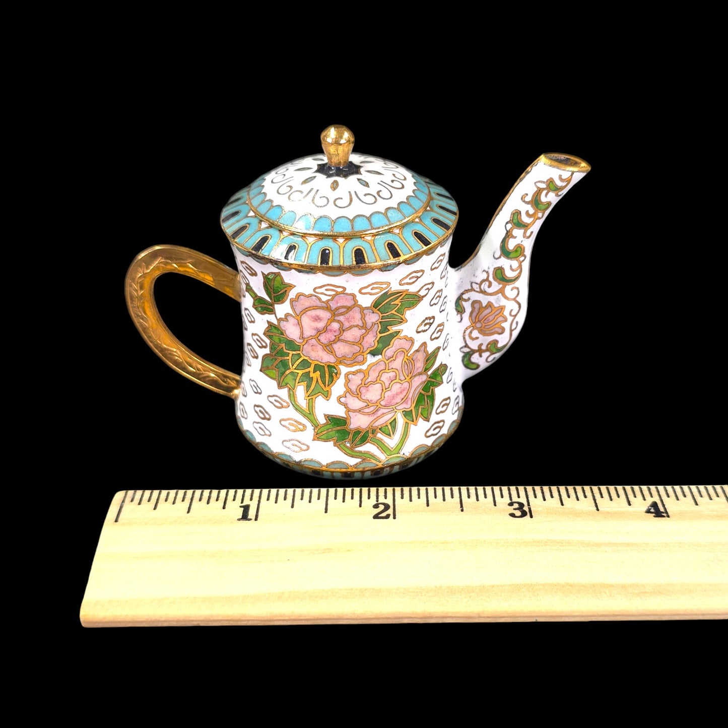 Vintage White Enamel Cloisonne Miniature Teapot with Lid, Pink Rose Floral with Turquoise Enamel, 2.5" H