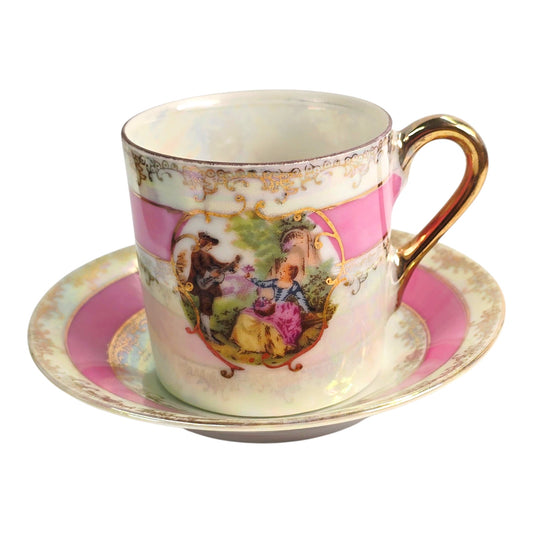 Vtg Lefton China Tea Cup & Saucer Pink Band Gold Trim Courting Couple 1798