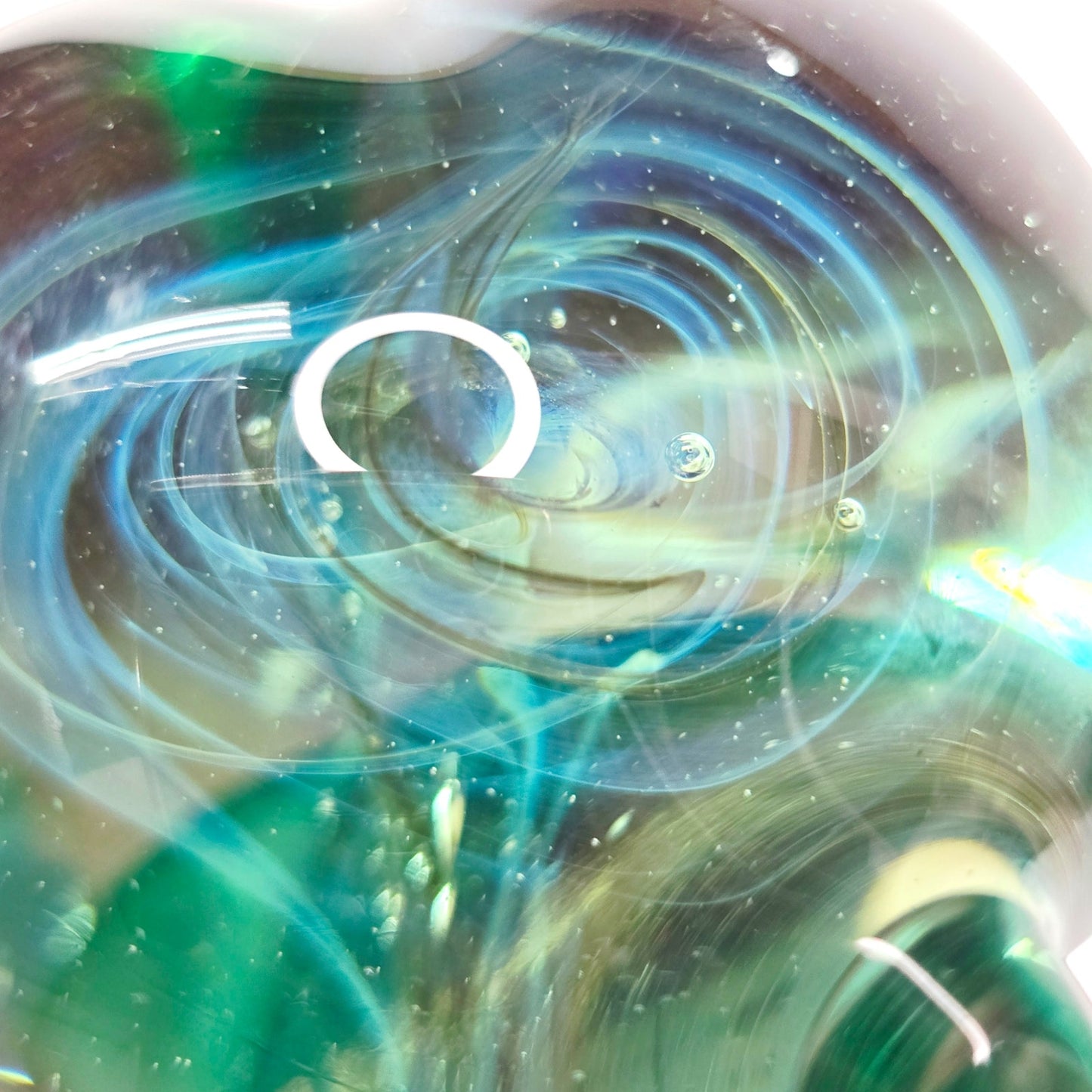 Signed Gilbert C. Johnson 1991 Art Glass Heart Paperweight Blue Green Vortex