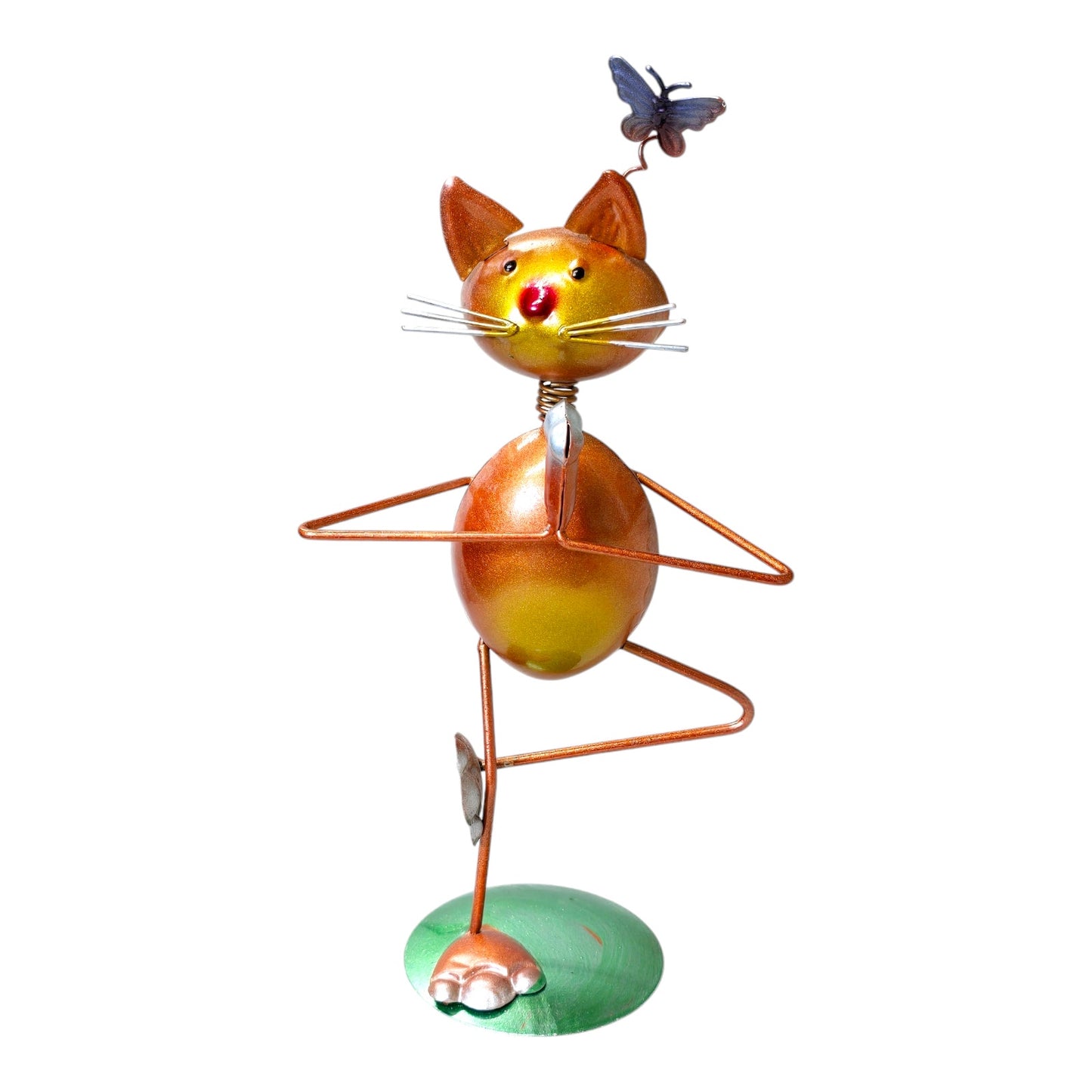 Metal Yoga Cat Sculpture, Orange Painted Metal Yoga Cat in Tree Pose with Butterfly