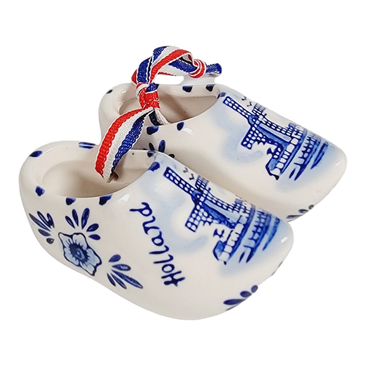 Pair of Tiny Hand-Painted Delft Blue Holland Ceramic Shoes Ornament 3" W