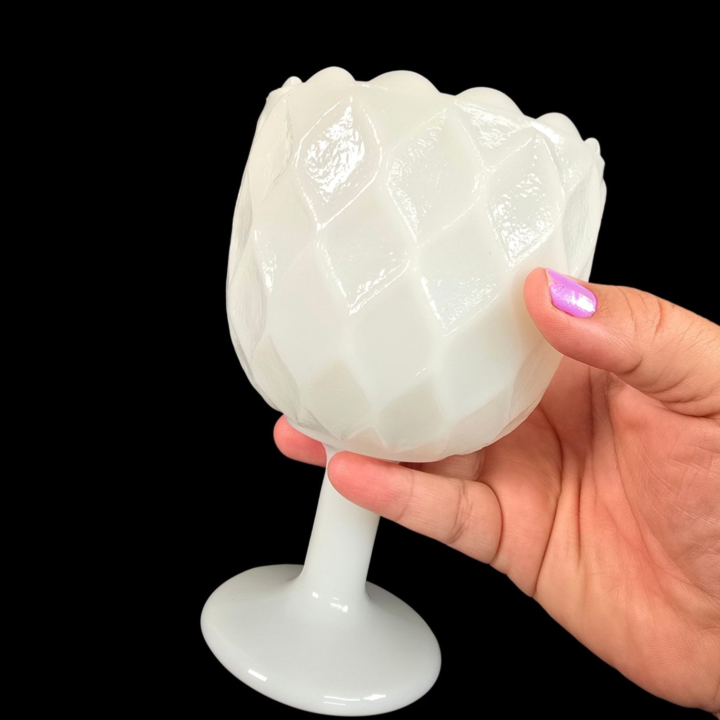 Vintage Milk Glass Pedestal Goblet Diamond Quilt Pattern Vase White Retro