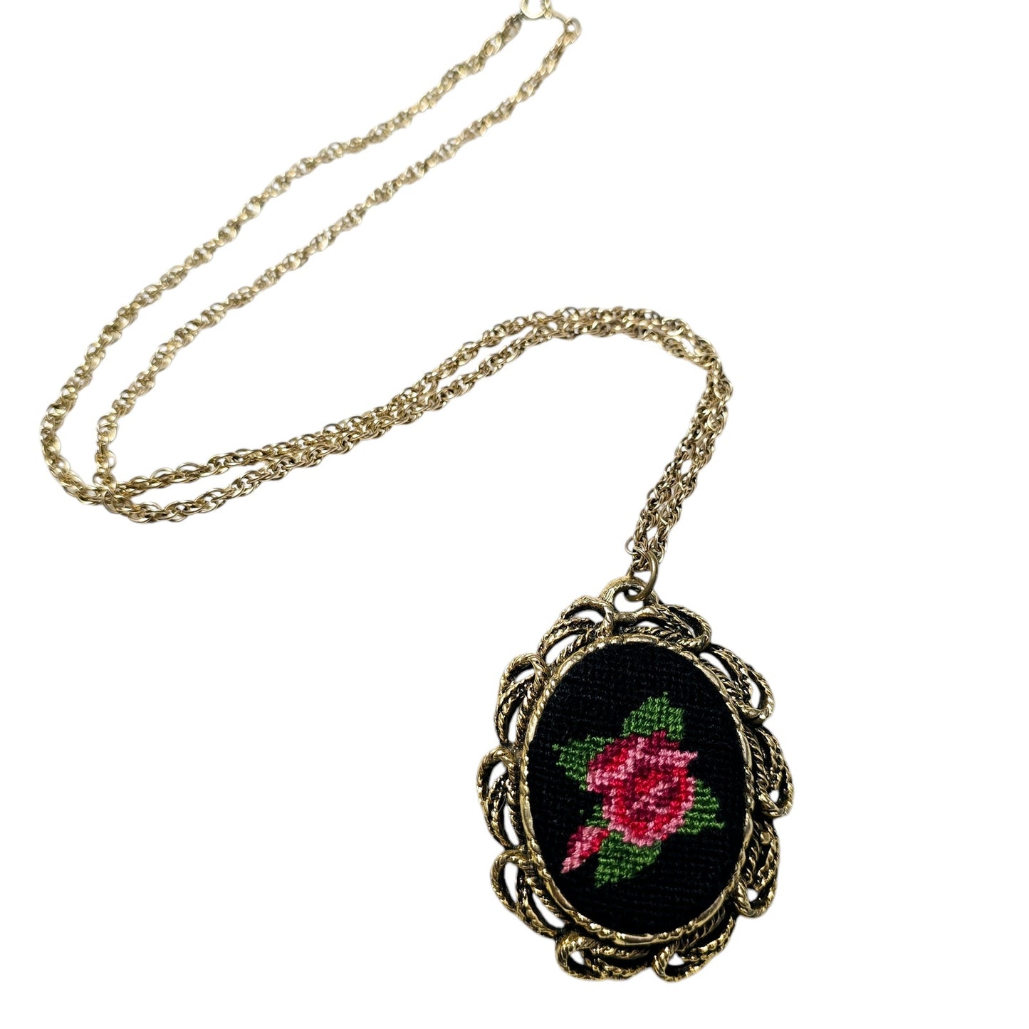 Vintage Petit Needle Point Red Rose On Black with Gold Tone Mirrored Pendant and Chain