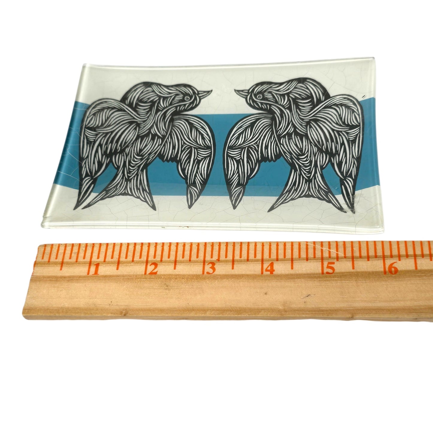 PATCH NYC x West Elm Bird Trinket Dish Reverse Painted Glass Blue White MCM READ