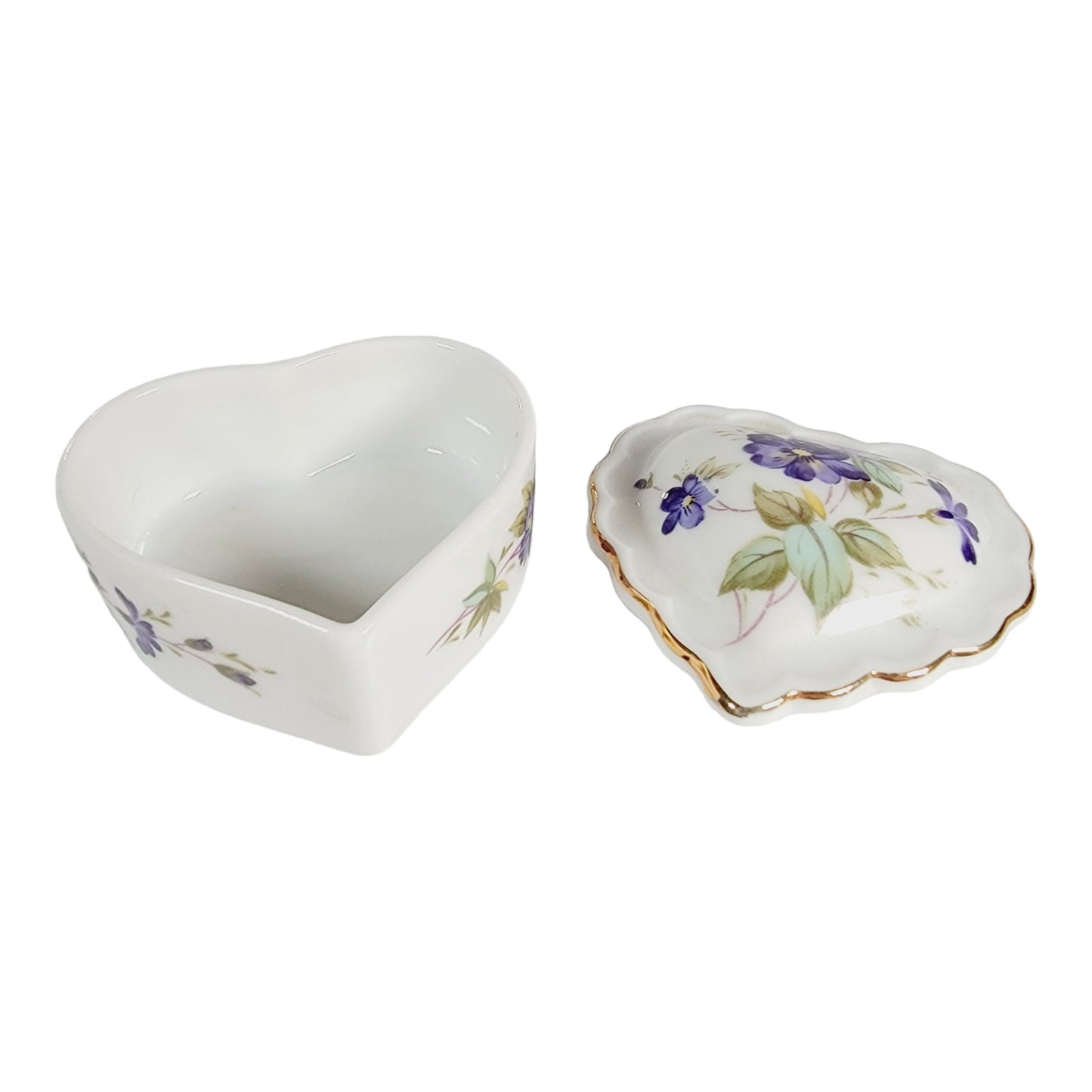 Vintage Porcelain Heart Trinket Box Made in Japan Purple Flowers Small Heart Box