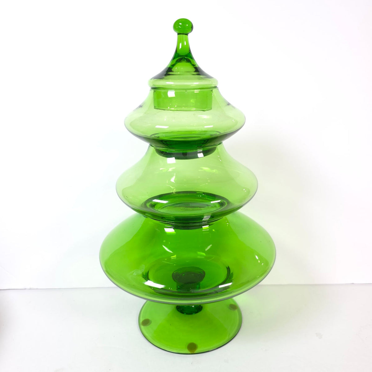 Vtg MCM Empoli Green Glass Christmas Tree Stacking Candy Apothecary Jar 4 Piece