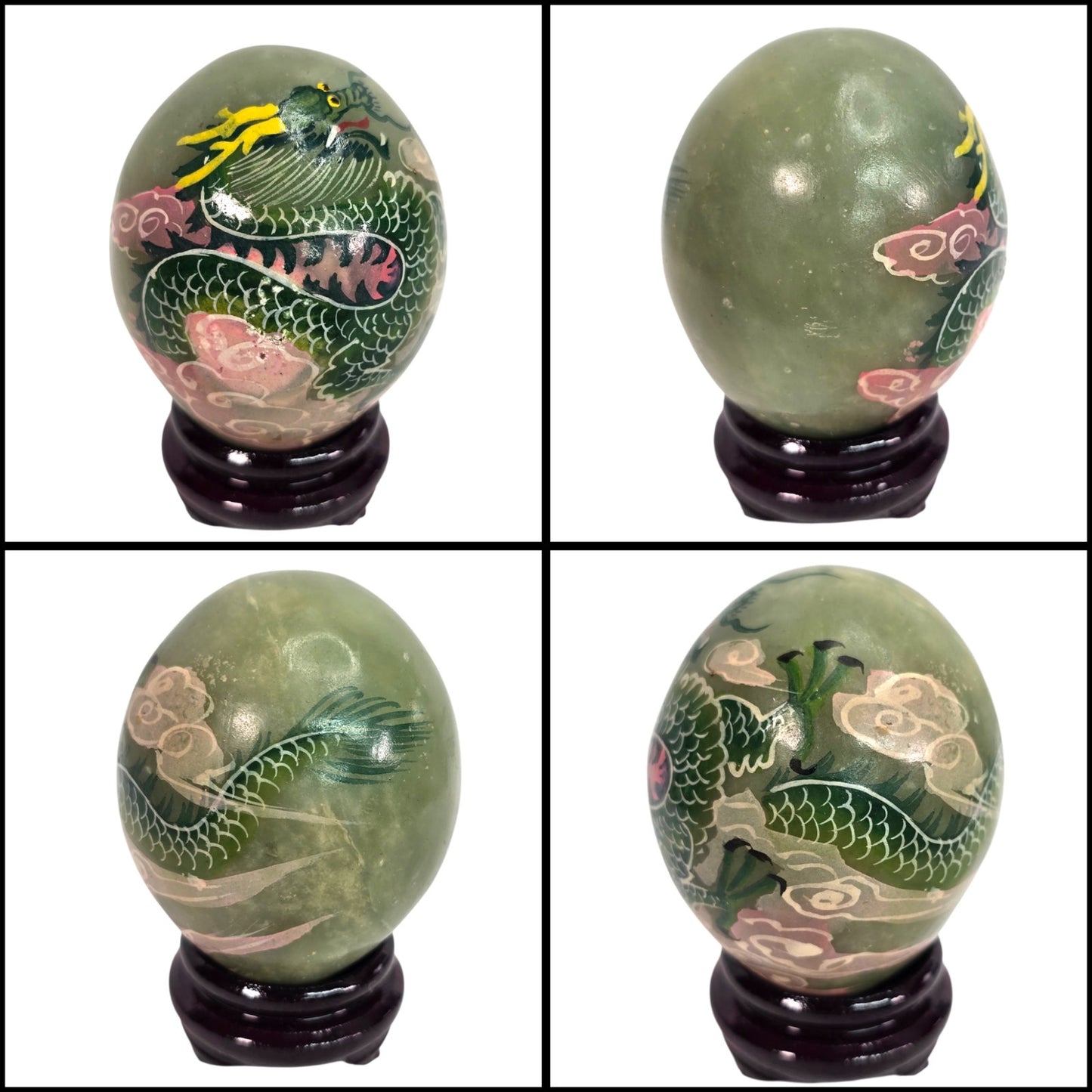 Vtg Set of 6 Chinese Hand Painted Dragon Eggs Green Marble Stone w/ Stands & Box