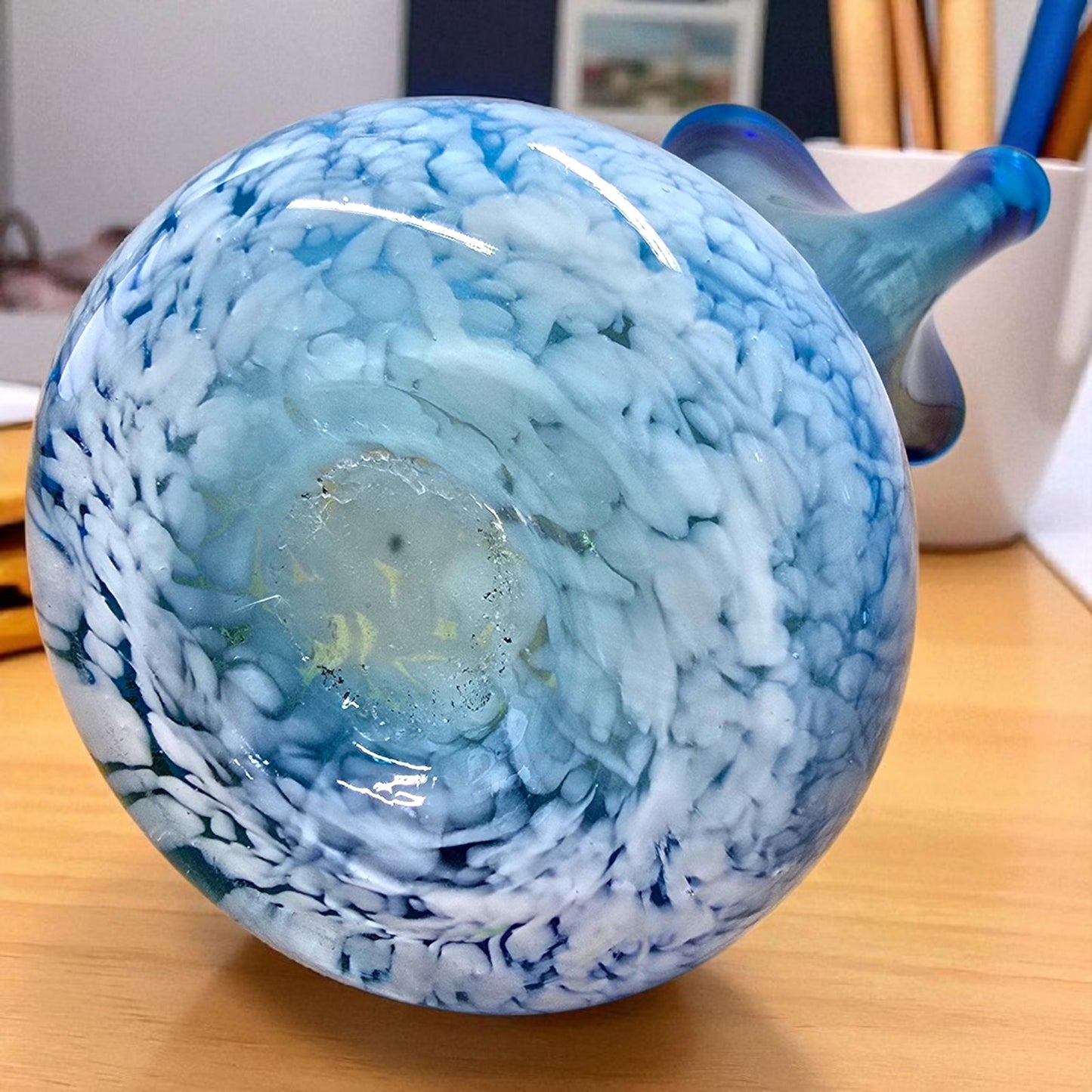 Vintage Blue Hand Blown Art Glass Vase 7" Tall Ruffled Rim Swirl Pattern