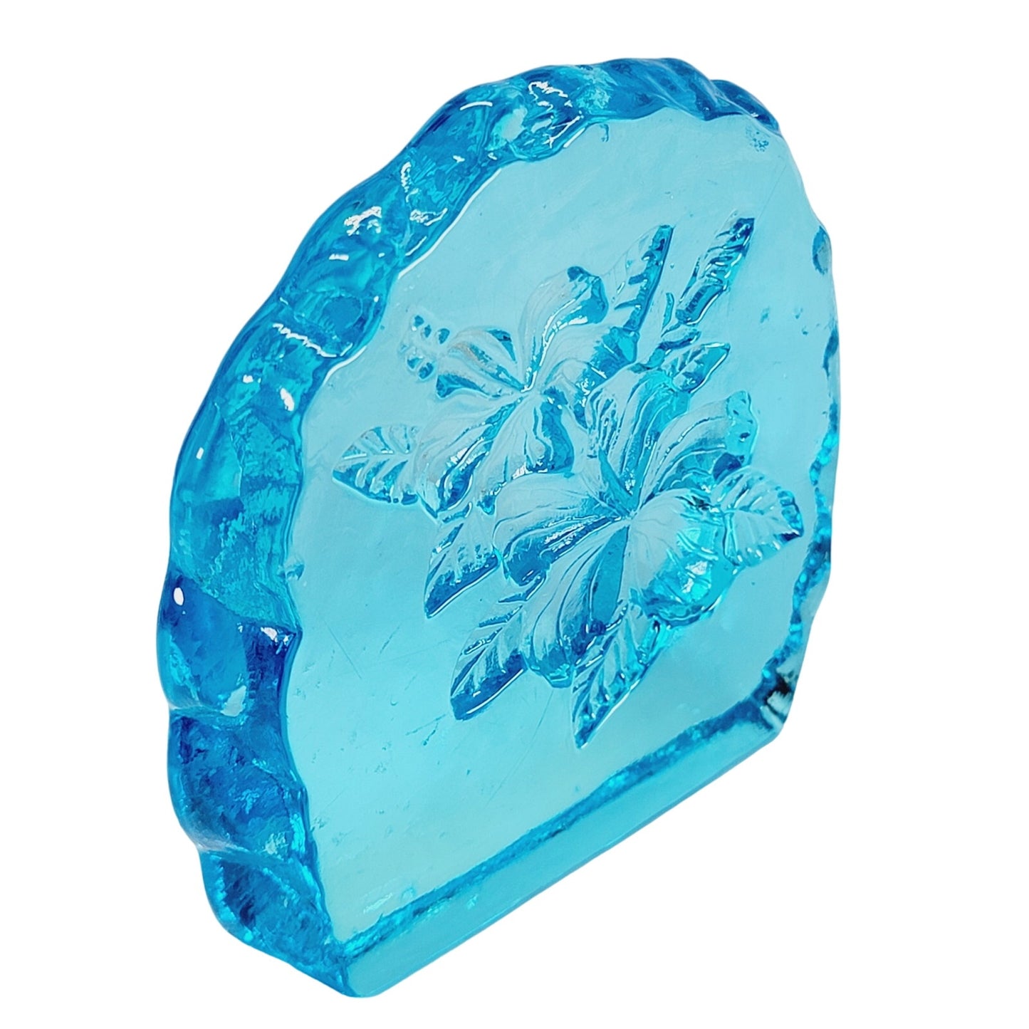 Blue Glass Hibiscus 🌺 Reverse Carved Crystal Art Glass Paperweight