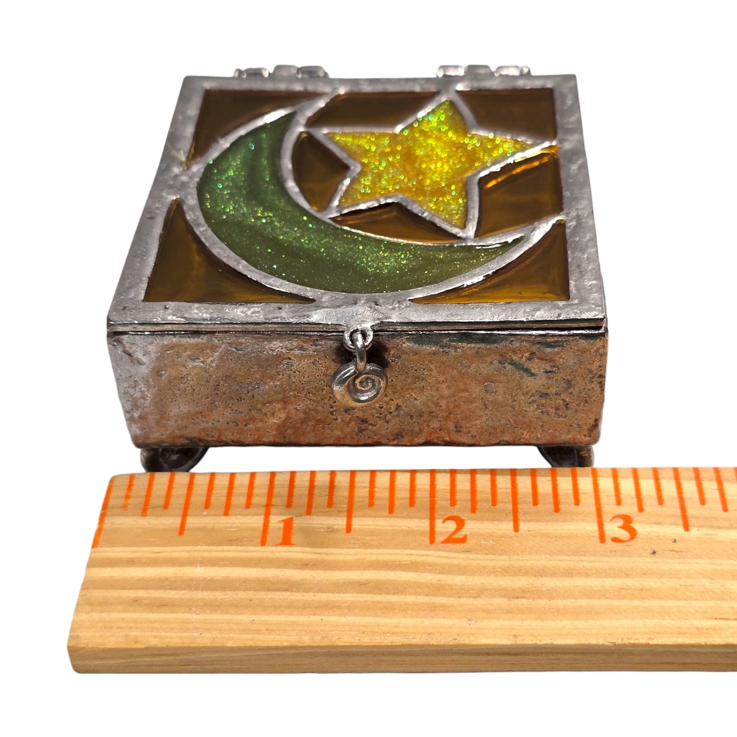 Vtg Stained Glass Moon Star Trinket Box Pewter Tone Soldered Metal Made USA