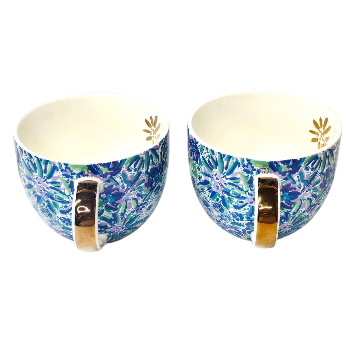 Lilly Pulitzer Coffee Mugs Set Blue Floral Gold Handle XX Lilly Hidden Animal