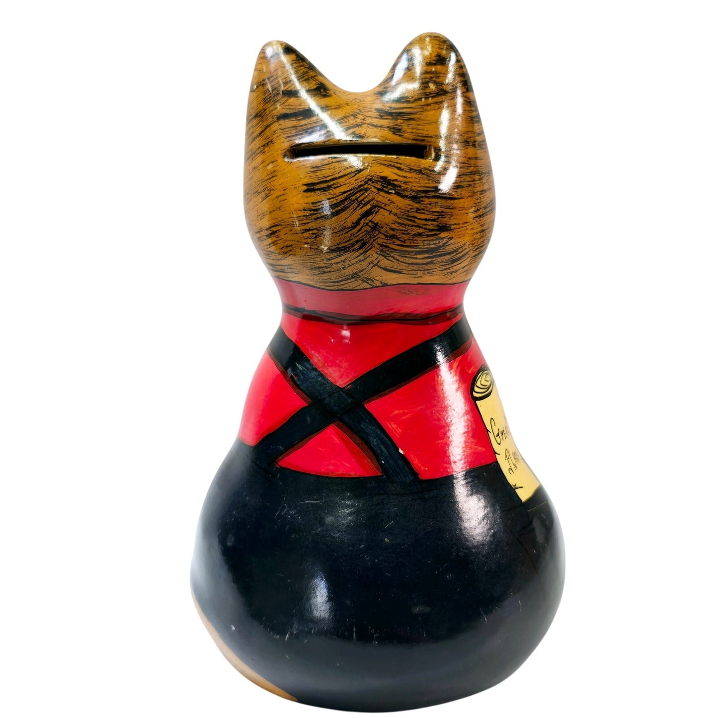 Vintage Joan de Bethel Ceramic Cat Figurine Coin Bank, Architect Cat in Overalls