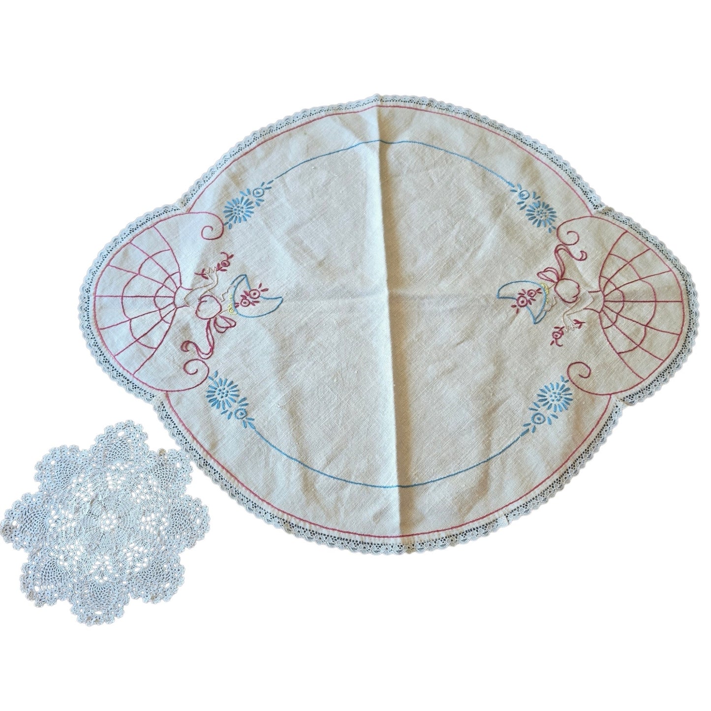 Vintage Crinoline Lady Embroidered Dresser Scarf & Crochet Doily Set Centerpiece