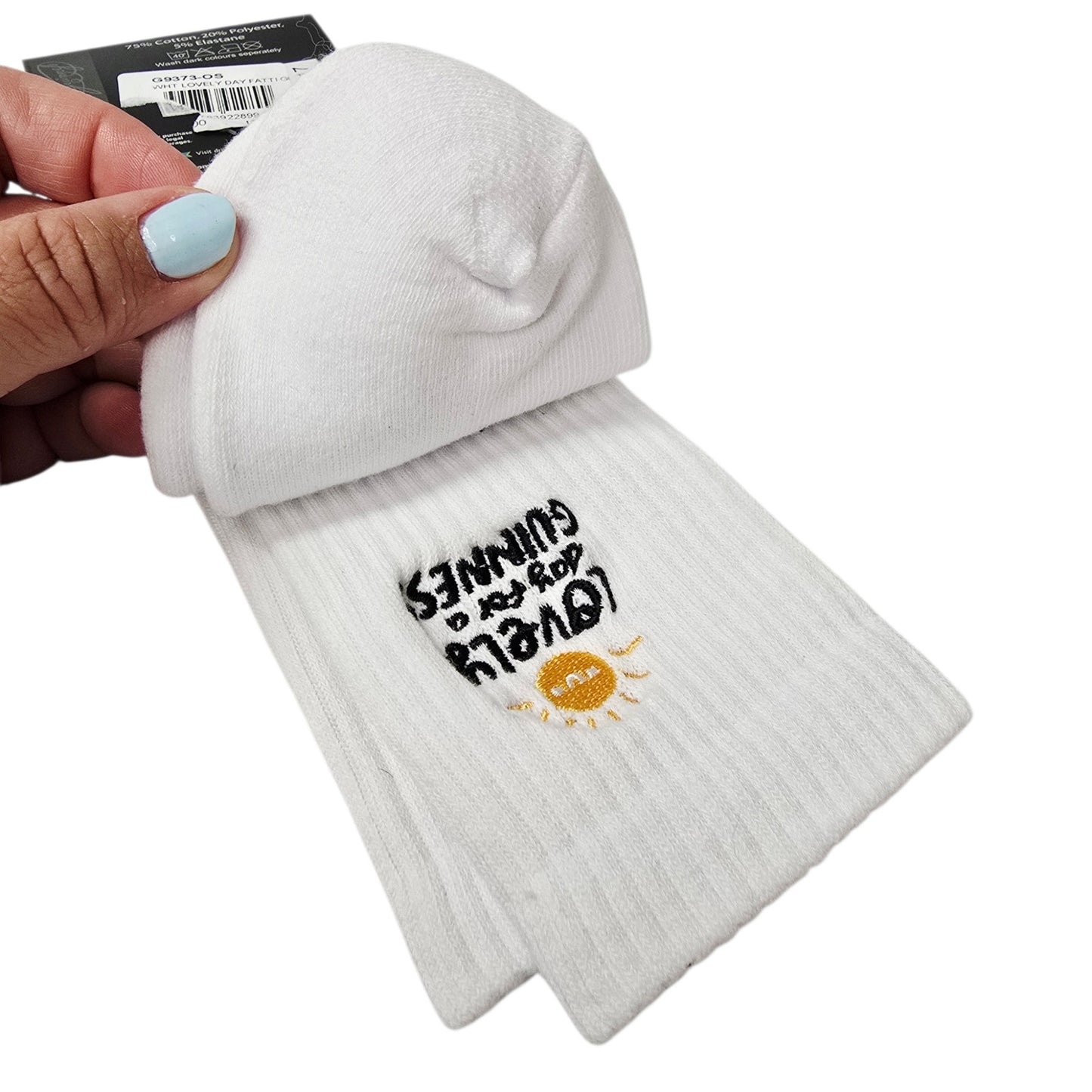 Guinness x Fatti Burke Socks New White Crew Socks Lovely Day For A Guinness NWT