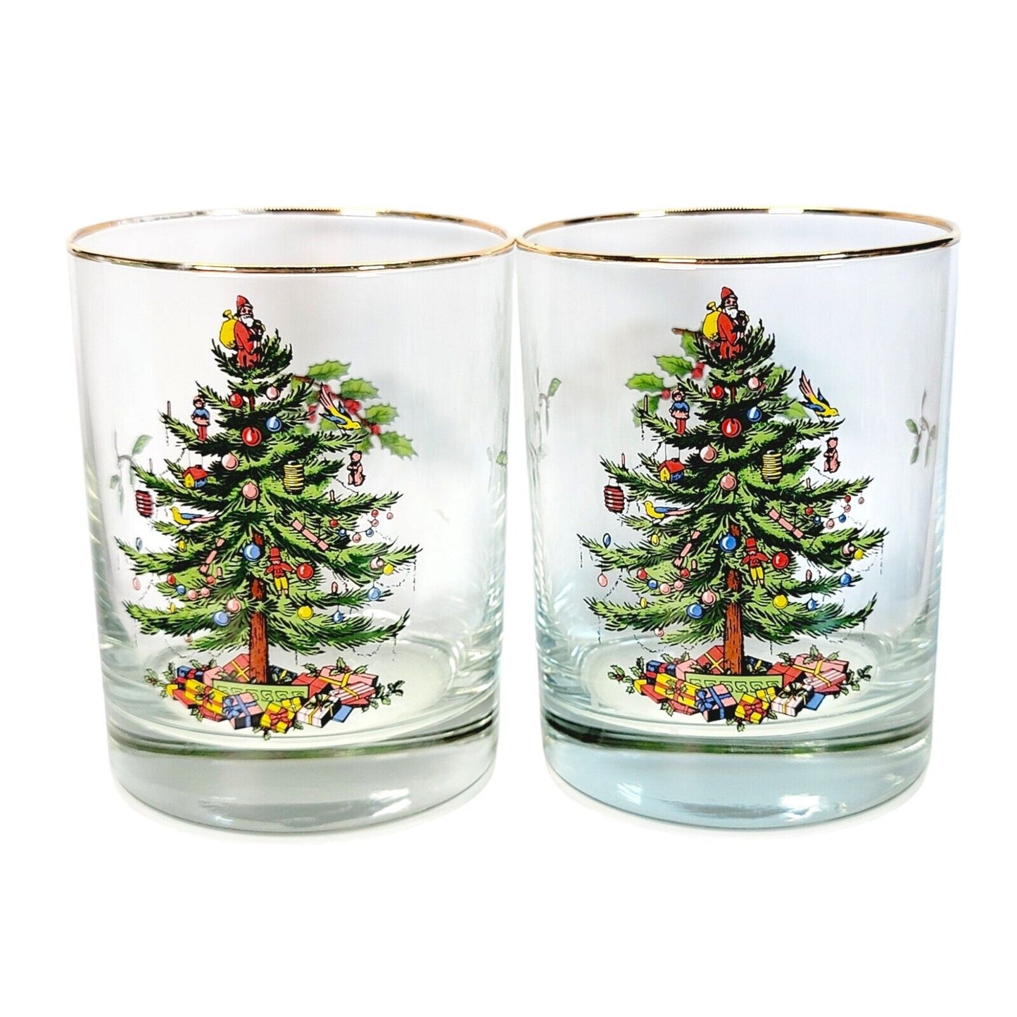 Set of 2 Spode Christmas Tree Double Old Fashioned Gold Rimmed Glasses 4"