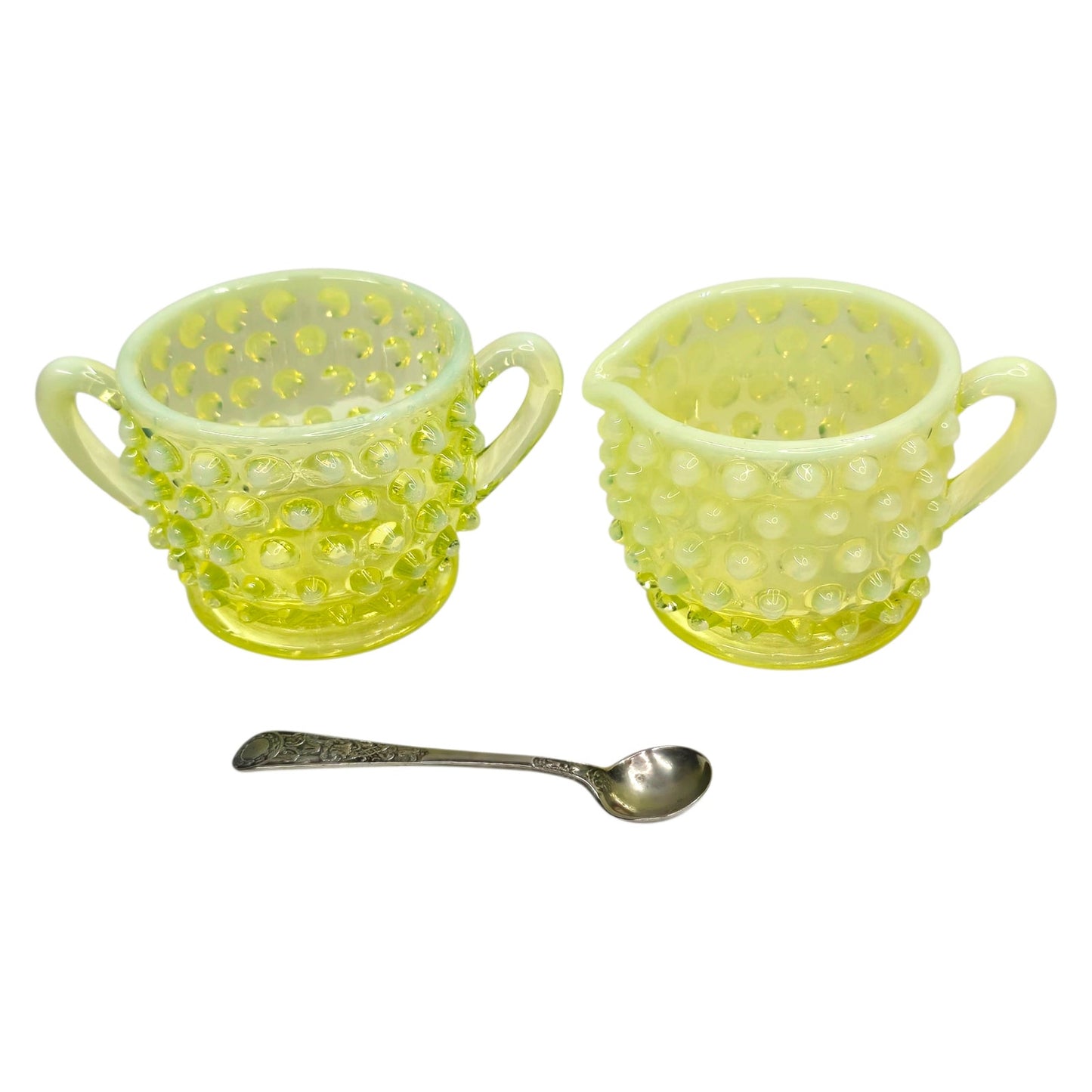 (Reserved for Customer) Fenton Vaseline Opalescent Hobnail Creamer & Sugar Set Uranium Reactive