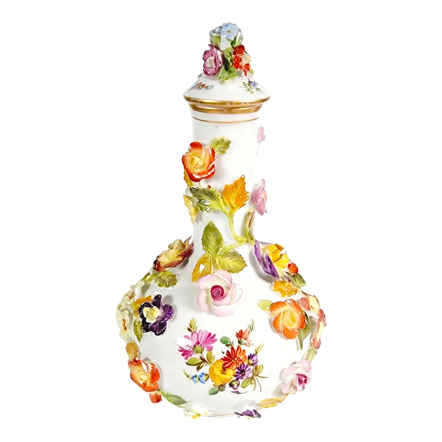 Antique Dresden Porcelain Perfume Flask with Lid, Ornate Flowers and Courting Couple, Made in Germany- Danni