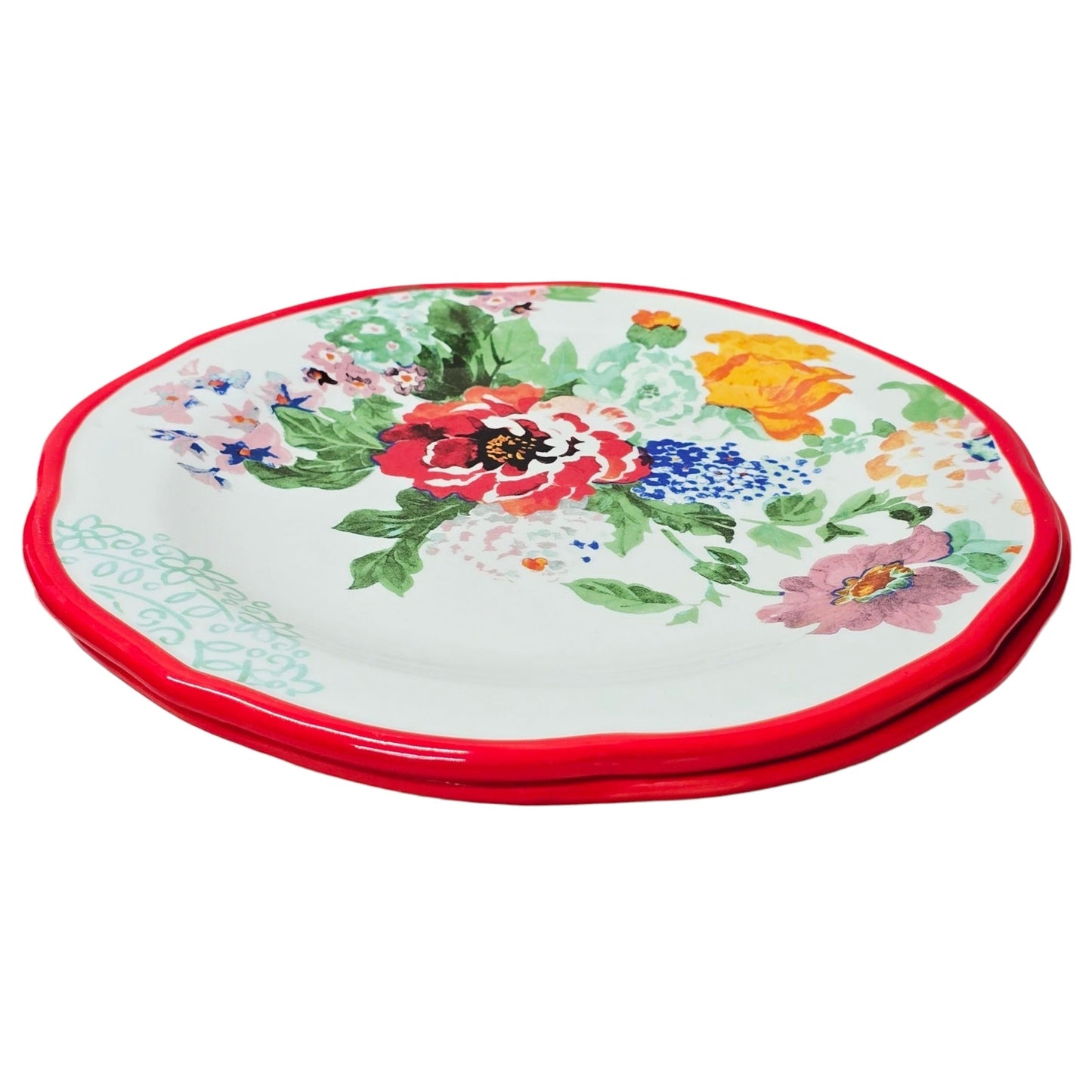 Pioneer Woman Floral Medley Salad Dessert Plates 8.25" Red Rim Set/2