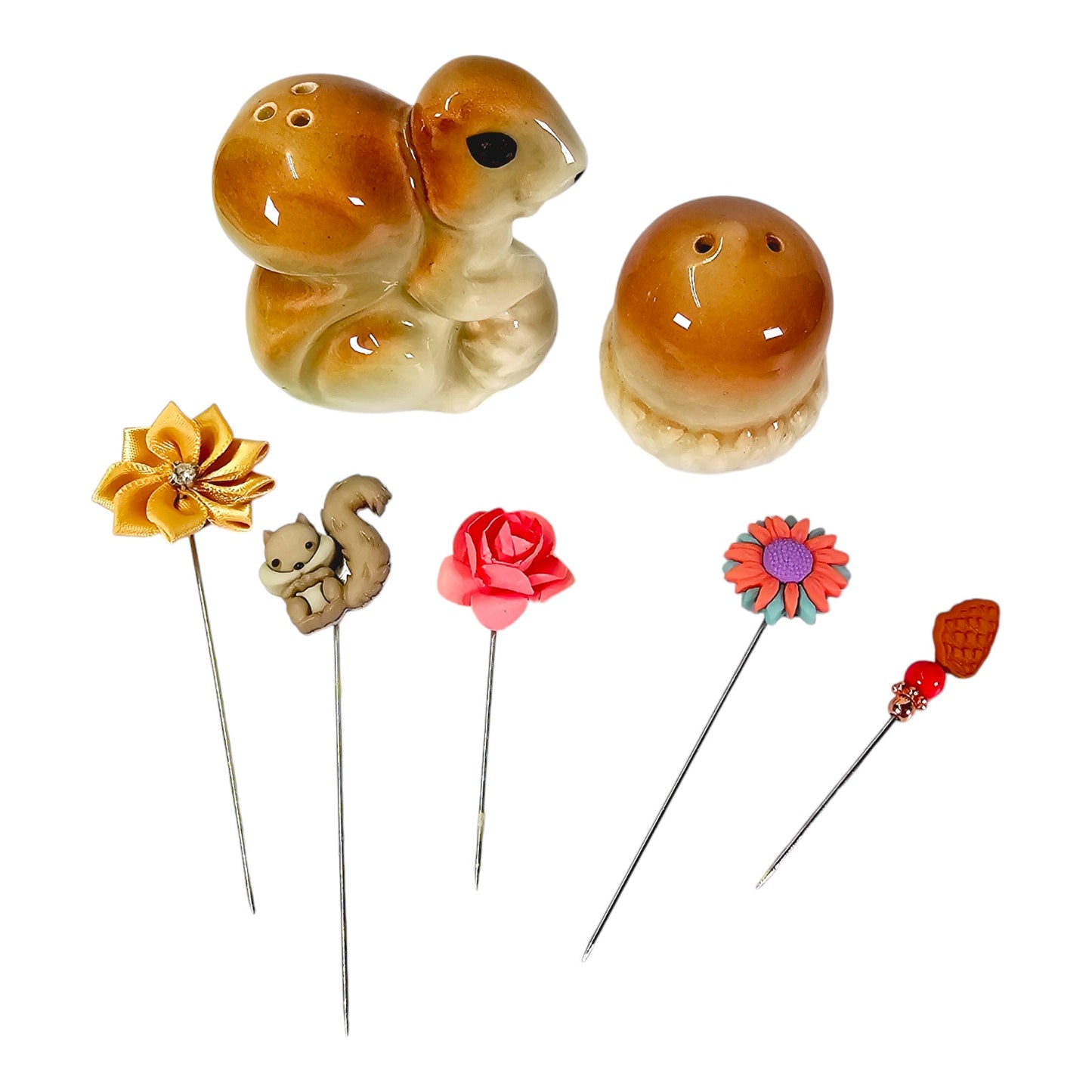 Vintage Squirrel Salt & Peppers Shaker Stick Pin Displays, 5 Handmade Stick Pins, 3.5" & 3.25" H with Pins